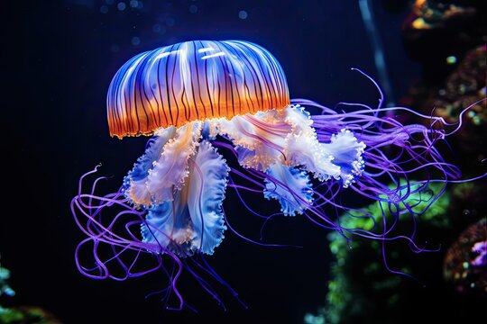 Swimming Blue Jellyfish in Nature's Aquarium: A Close-Up Image of Glowing Creature in Colorful Underwater World