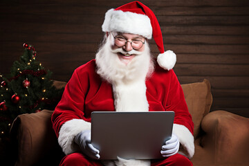 Naklejka premium Santa looking at his tablet laptop screen