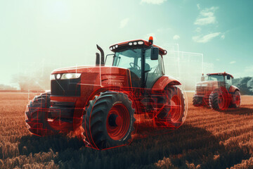 The concept of using modern technologies and artificial intelligence in agriculture  with a tractor. iot smart industry robot