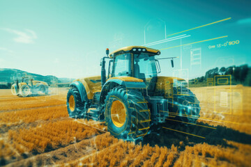 Fototapeta premium The concept of using modern technologies and artificial intelligence in agriculture with a tractor. iot smart industry robot