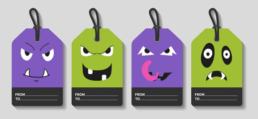 Set of Halloween Gift Tags. Emotions, cartoon faces, funny monsters. Printable greeting cards illustration. Bright design for Halloween in traditional colours.