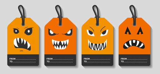 Set of Halloween Gift Tags. Cute and scary faces. Vector flat illustration. 