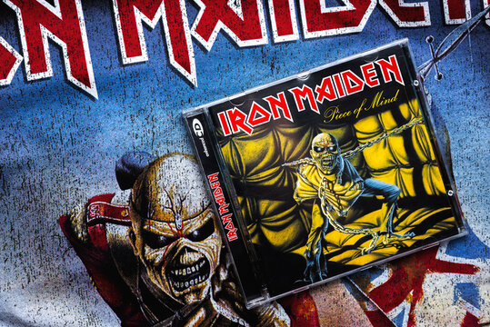 Close-up of cover of Piece of mind CD of Iron Maiden. Iron Maiden is a British heavy metal band