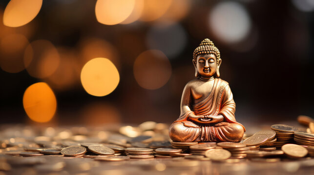 Close-up of bronze colour buddha on table. Surrounded by coins. Meditation, religion concept.