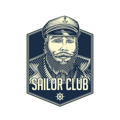 "Sailor Club". Sailor portrait logo. Vector illustration in engraving technique of sea captain in diamond shape label frame. Logo icon design. 