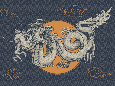 Oriental Asian dragon zodiac sign. Vector illustration in engraving technique of coiled serpent dragon with horns on traditional textured sky background with clouds.