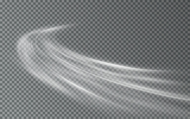 Luminous white line png of speed. Light glowing effect png. Abstract motion lines. Stock royalty free. Light trail wave, fire path trace line, car lights, optic fiber and incandescence curve twirl
