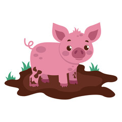 Сute pig is standing in a puddle of mud. Farm animals. Vector graphic.