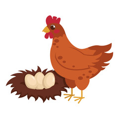 Cute chicken next to the nest with eggs. Farm animals. Vector graphic.
