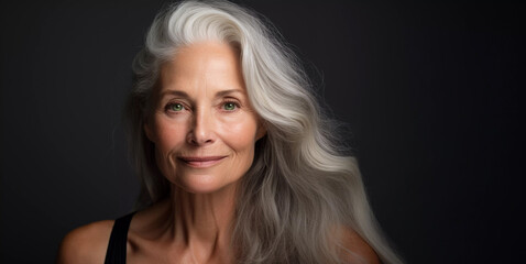 Close up studio portrait of beautiful elegant mature woman with gray hair, dark background - obrazy, fototapety, plakaty