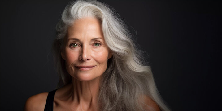 Close up studio portrait of beautiful elegant mature woman with gray hair, dark background