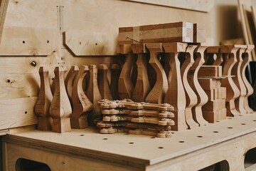 Close-up wooden furniture details. Carpentry workshop, furniture production manufactory