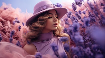 Portrait of young attractive woman in a lavender field. Beautiful girl in lavender field in lilac hat and dress. Beauty, fashion.  Face of a lovely lady on a lavender field. Purple color concept..