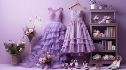 Set of female clothes and accessories in a stylish lavender color scheme. Women clothing and accessories with a chic lavender color palette. Beautiful purple wedding dress and shoes on shelves in room