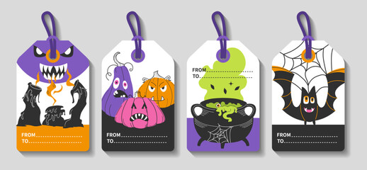 Set of Halloween Gift Tags. Vector Illustration. Flat Holiday Symbols. Printable greeting cards illustration. Bright design for Halloween in traditional colours.