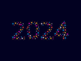 New Year 2024. Pattern of bright sparkling magical neon multi-colored particles, sparks and stars shining with special light. Christmas abstract vector pattern on dark background. 