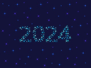 New Year 2024. Pattern of bright sparkling magical neon multi-colored particles, sparks and stars shining with special light. Christmas abstract vector pattern on dark background. 