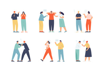Aggressive dissatisfied people quarrel and shout at each other. Conflict, confrontation, resentment. Vector characters set - obrazy, fototapety, plakaty