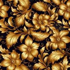 Floral texture golden with swirling Gold leaf elements seamless pattern, AI Generated