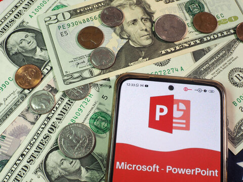 In this photo illustration, Microsoft PowerPoint logo seen displayed on a smartphone.