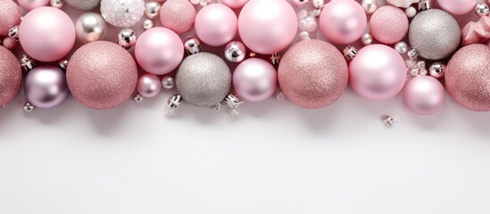 Christmas still life featuring pink and silver ornaments against a white backdrop Overhead perspective with room for text