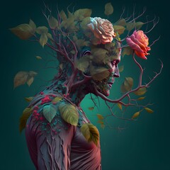 a human with a rose as a head and arms branches of a tree photorealistics extreme detail 32K vibrant colours 