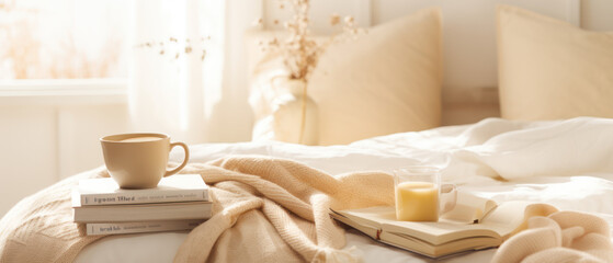 Fototapeta na wymiar Cozy Bedroom with Coffee or Tea and Open Book on the Bed