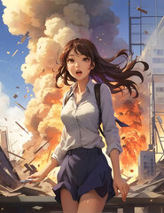 woman saw the explosion of a building, her expression was extremely shocked. anime style, Ai generative