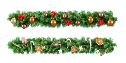 Christmas border with fir branches and cones on white