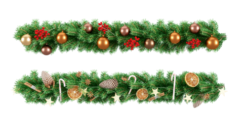 Christmas border with fir branches and cones on white