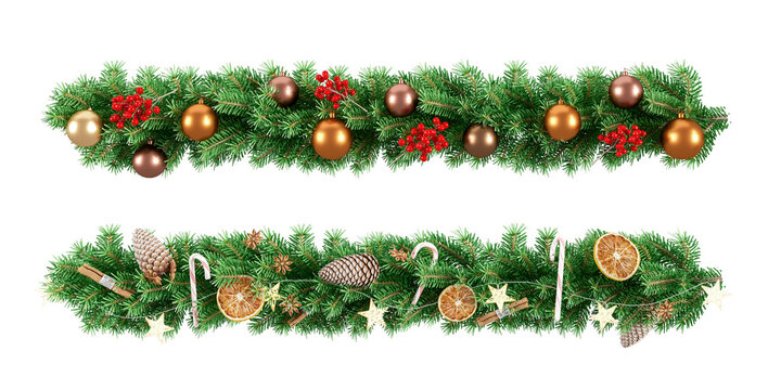 Christmas Border With Fir Branches And Cones On White