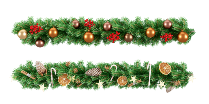 Christmas border with fir branches and cones on white