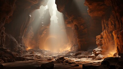 Spectacular rock formation with large rocks and entrance from the top of the sun's rays.