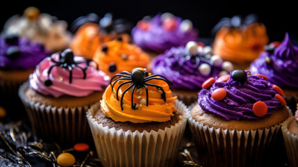 close up view of Halloween themed cupcakes with chocolate spiders - Powered by Adobe