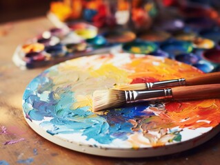 Fototapeta premium Artistic Creation: Paintbrushes and Paints on a Blank Canvas