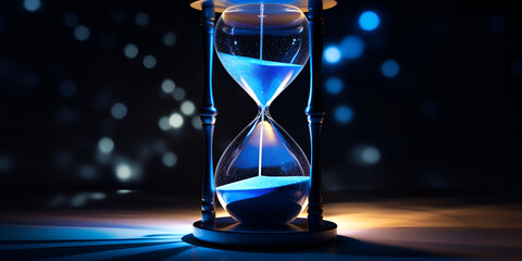 Countdown Concept with Blue Sand
Blue sand in an hourglass on wooden surface. silhouette concept