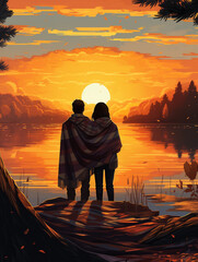 An Illustration of a Couple Wrapped in a Blanket, Watching the Sun Set Over an Autumn Lake