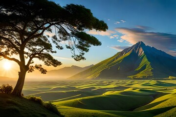 A breathtaking panorama unveils itself as the sky and mountains unite in a breathtaking display of color. Blue and Green Sky and Mountain. The mountains appear as ancient sentinels, their slopes cover