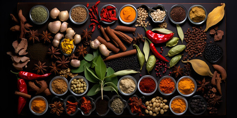 Wide range of spices and seeds in the cups set in rows flat lay on black concrete background  . Organic Spices and Seeds Arrangement
