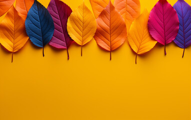 Autumn colorful leaves on solid yellow background