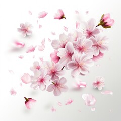 Branch with beautiful sakura flowers and falling petals, cherry blossom