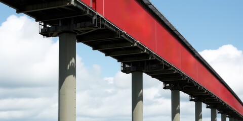 A red bridge over a body of water. AI.
