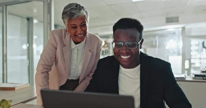 Business woman, man and laptop with high five, coaching or partnership for achievement in office. Senior manager, mentor and employee by computer, cheers or support for performance goal in workplace