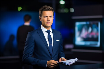 TV news presenter in action on a popular channel, engaging in live stream broadcasting on television. The presenter, a handsome guy in a suit, delivers the weather forecast from the studio. - obrazy, fototapety, plakaty