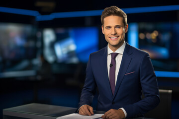 TV news presenter in action on a popular channel, engaging in live stream broadcasting on television. The presenter, a handsome guy in a suit, delivers the weather forecast from the studio. - obrazy, fototapety, plakaty