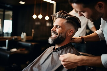 Stylish man with a beard enjoys a haircut and styling session in a hairdresser's barbershop - obrazy, fototapety, plakaty