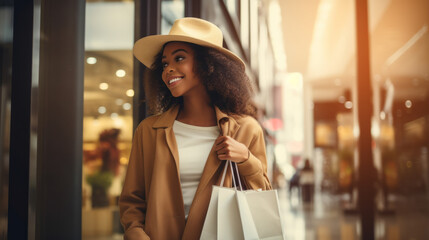 Black afro american woman going shopping carrying some shops bags - Powered by Adobe