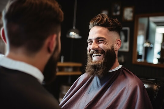 Stylish man with a beard enjoys a haircut and styling session in a hairdresser's barbershop