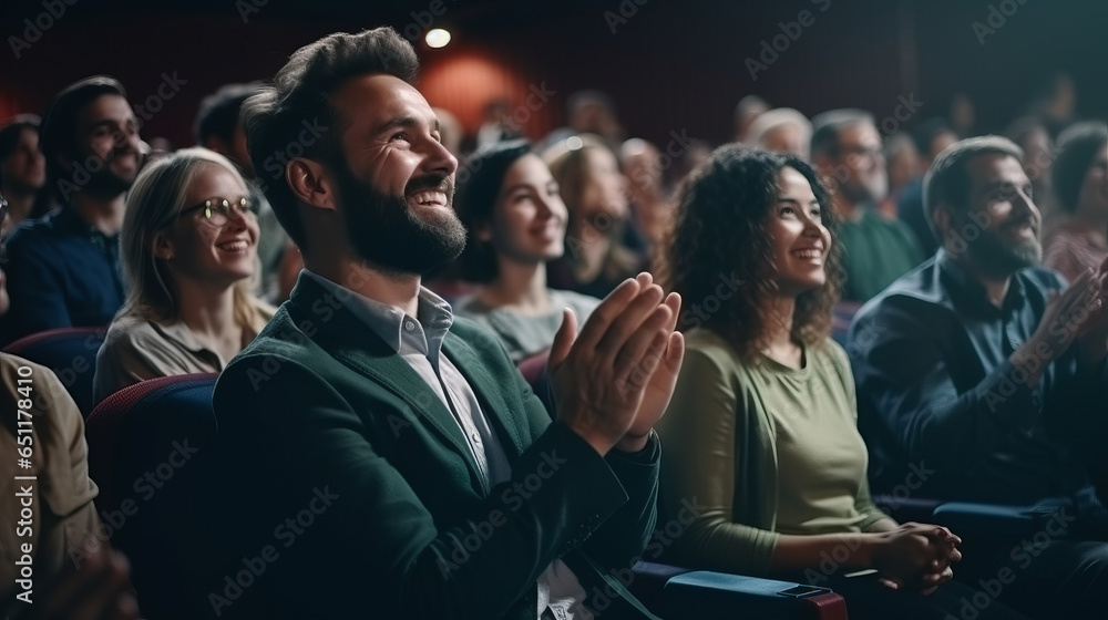 Wall mural man in a audience in a theater applauding clapping hands. cheering and sitting together and having f