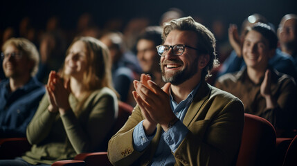 Man in a audience in a theater applauding clapping hands. cheering and sitting together and having fun - obrazy, fototapety, plakaty